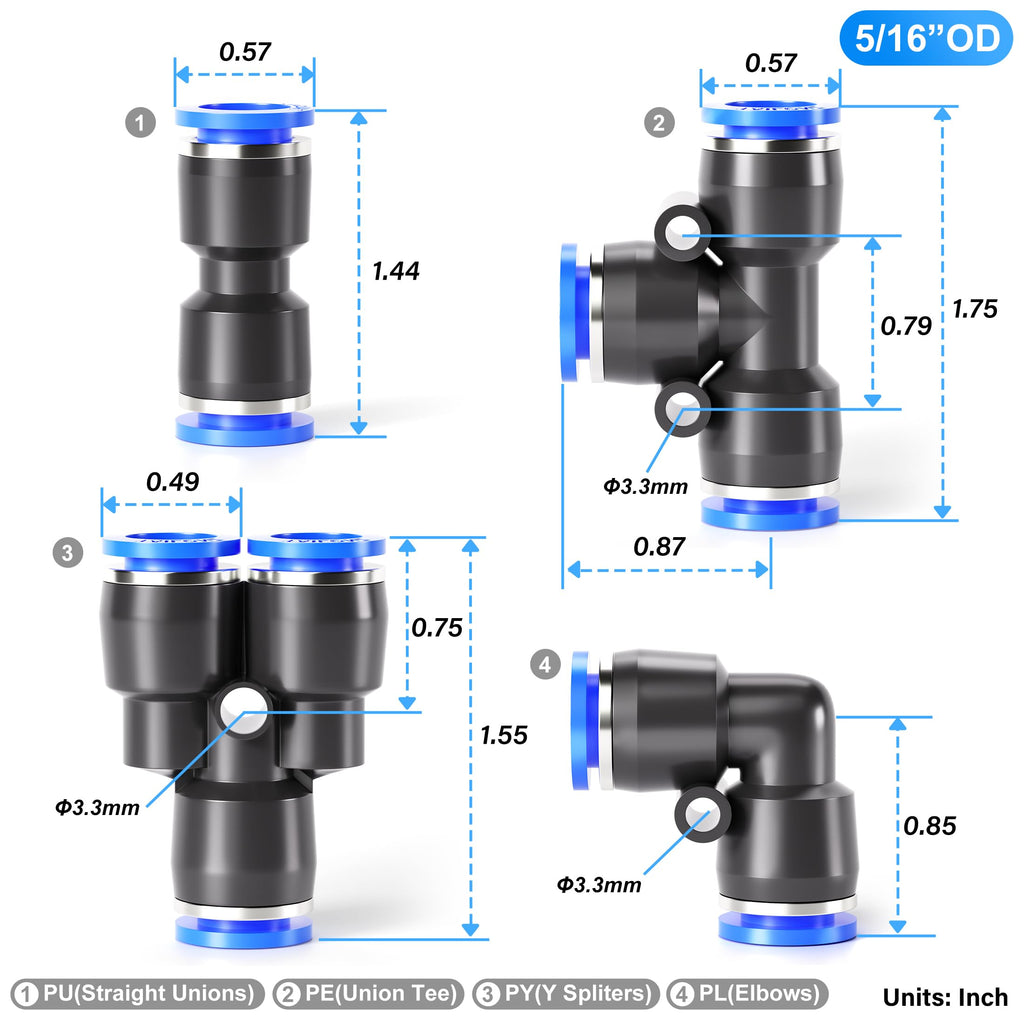 TAILONZ 5/16" Push to Connect Fitting Splitters+Elbows+Tees+Straight 8Pcs