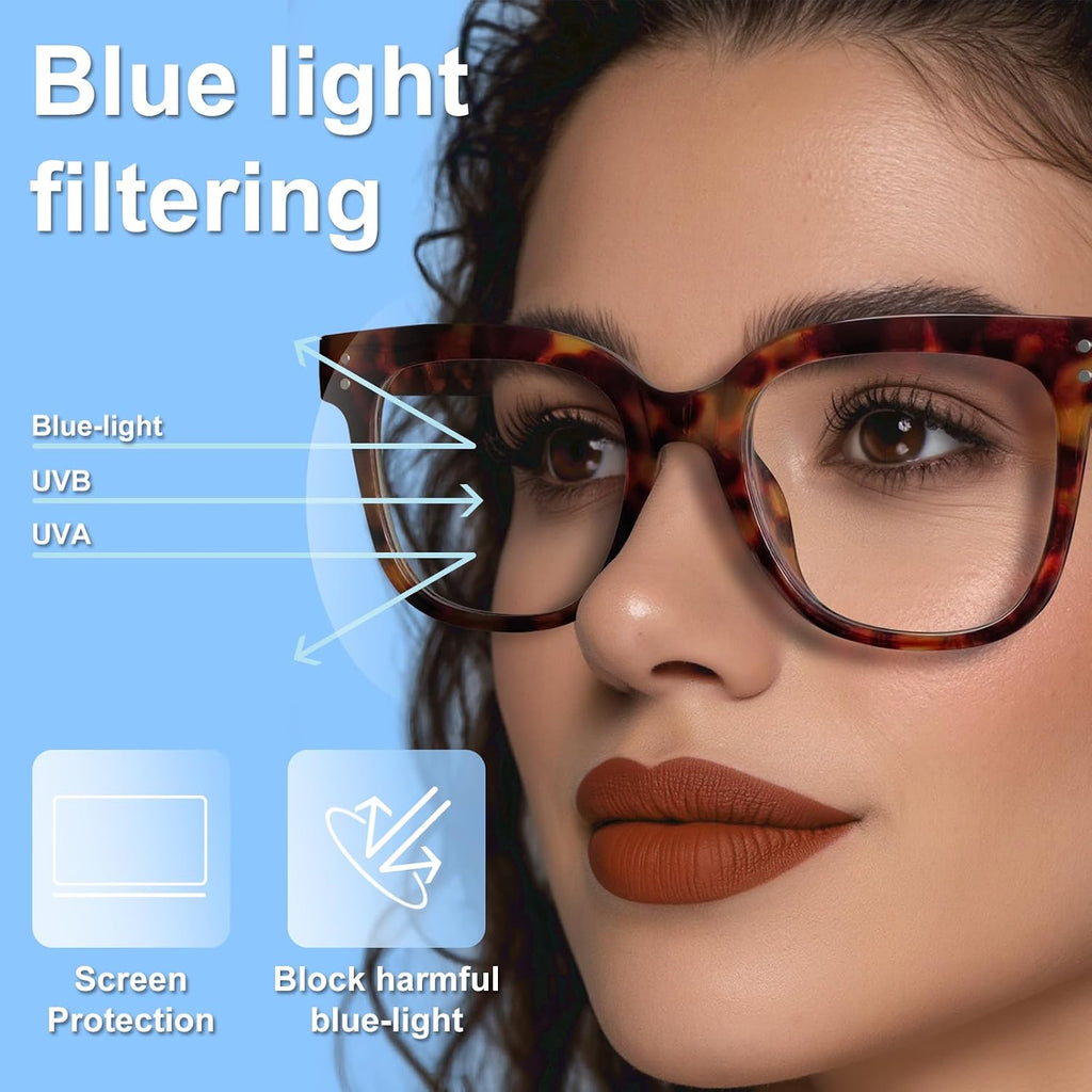 Women Blue Light Blocking Glasses, Oversized Computer Screen Eyewear | 3 Pack Fashion TR90 Computer Eyewear with
