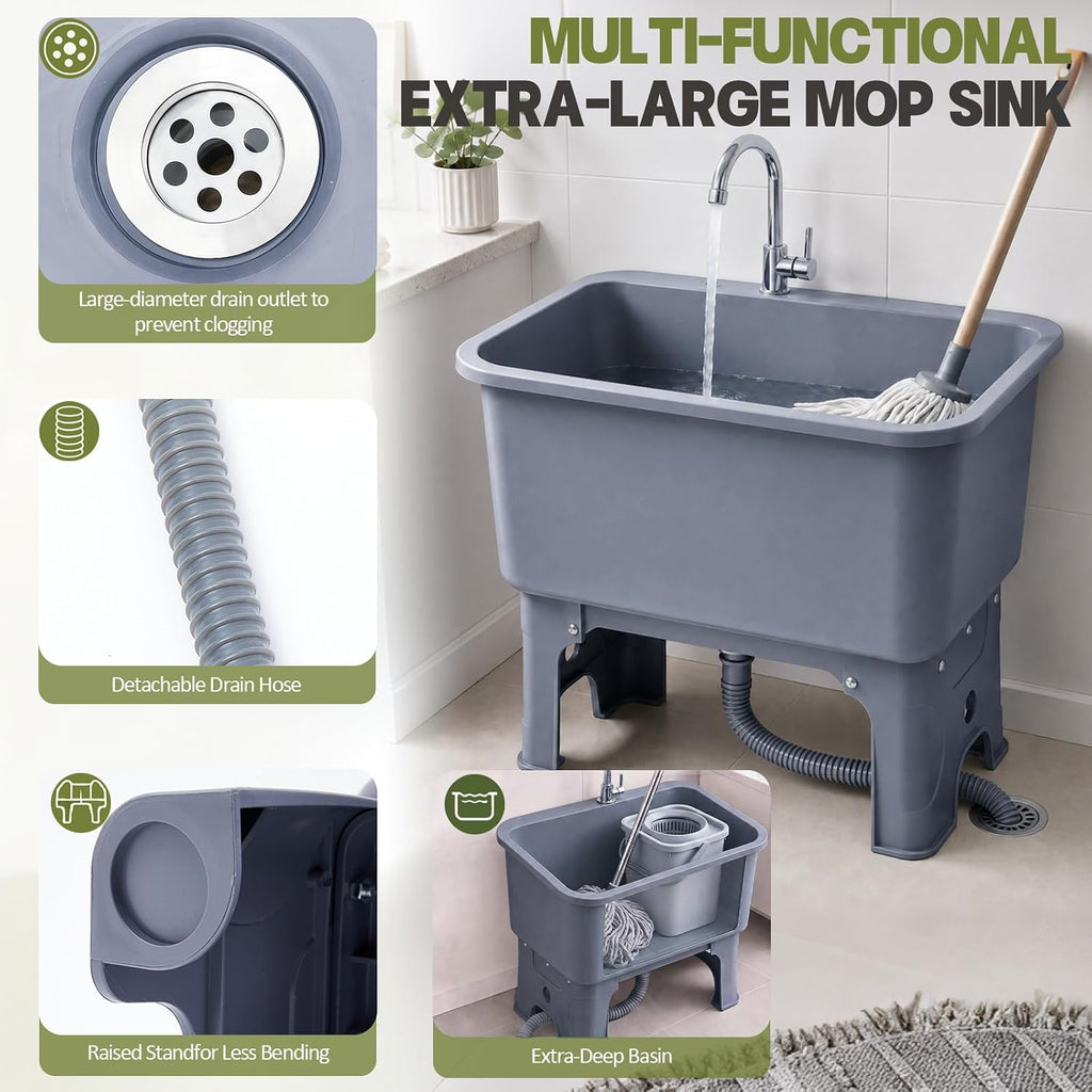 24 Inch Mop Sink Plastic Utility Basin with Raised Stand and Drain Hose
