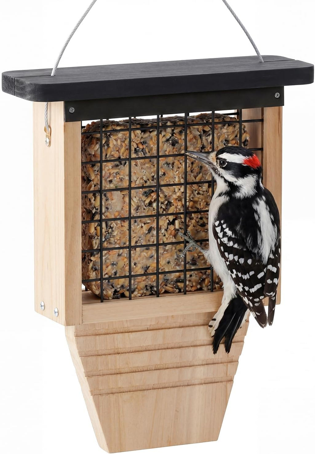 Wooden Suet Bird Feeder for Outside Hanging,Woodpecker Suet Feeder with Tail Prop