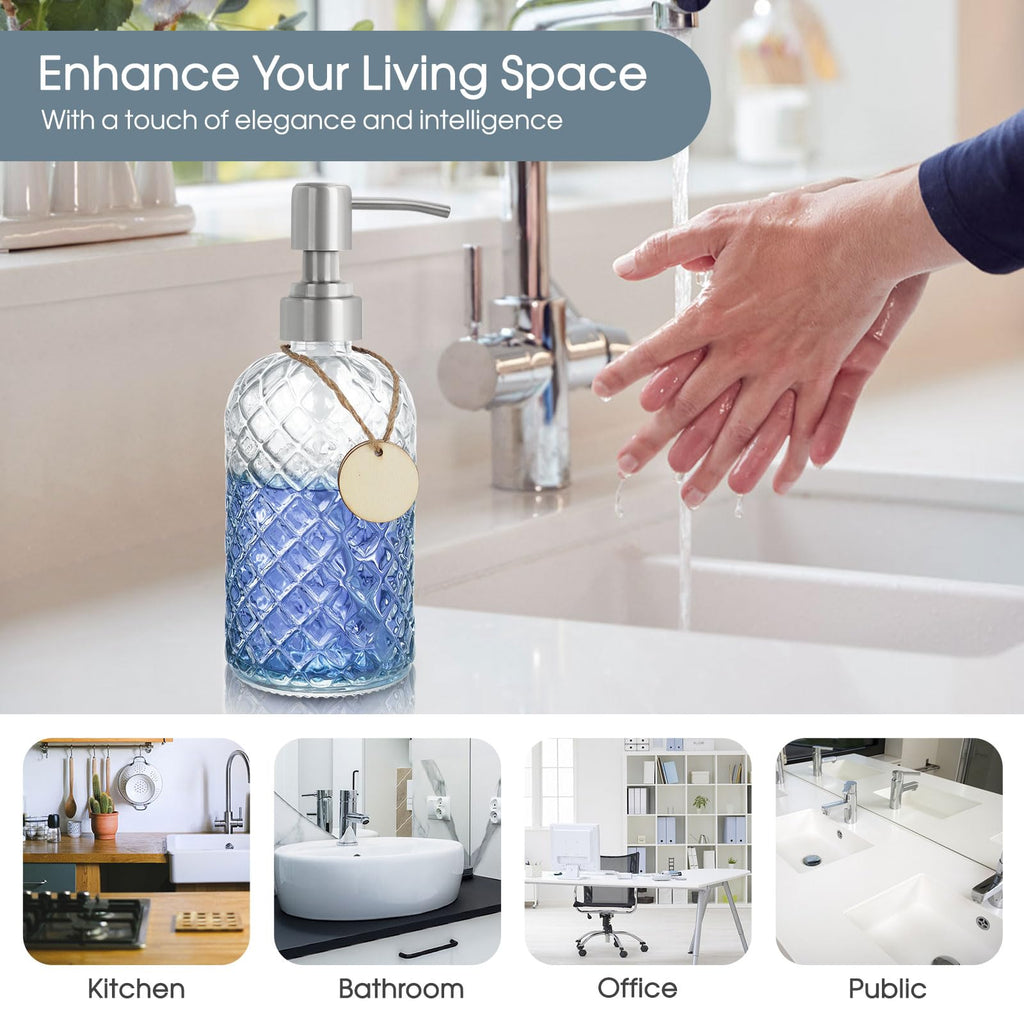 Gem-Patterned Glass Soap Dispenser with Rust Proof Stainless Steel Pump-13 oz Liquid Hand Soap Dispenser for Kitchen