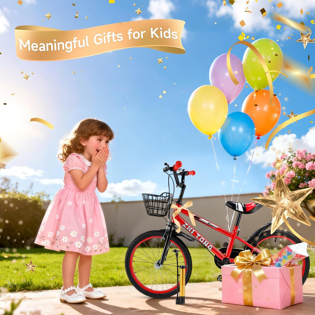 14 16 18 Inch Kids Bike with Training Wheels, Adjustable Seat, Carbon Steel Frame, Dual Brakes, Anti-Slip Wheels