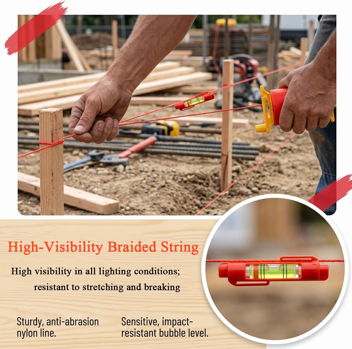 Post Level String Line Kit for masonry & fence post leveling | Includes post & pipe level with rubber strap,5 line
