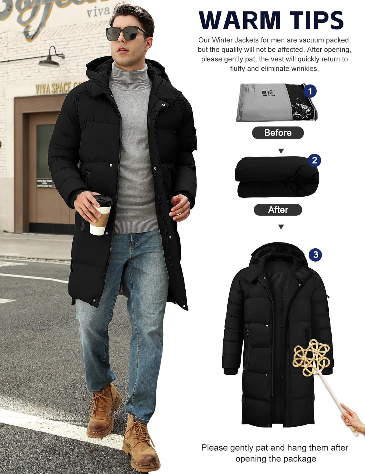 Men's Long Puffer Coat Hooded Quilted Water-Resistant Jacket