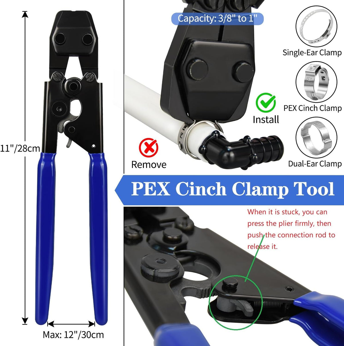 PEX Cinch Clamp Tool Kit, 3/8" to 1" PEX Pipe Clamp Cinch Tool Set