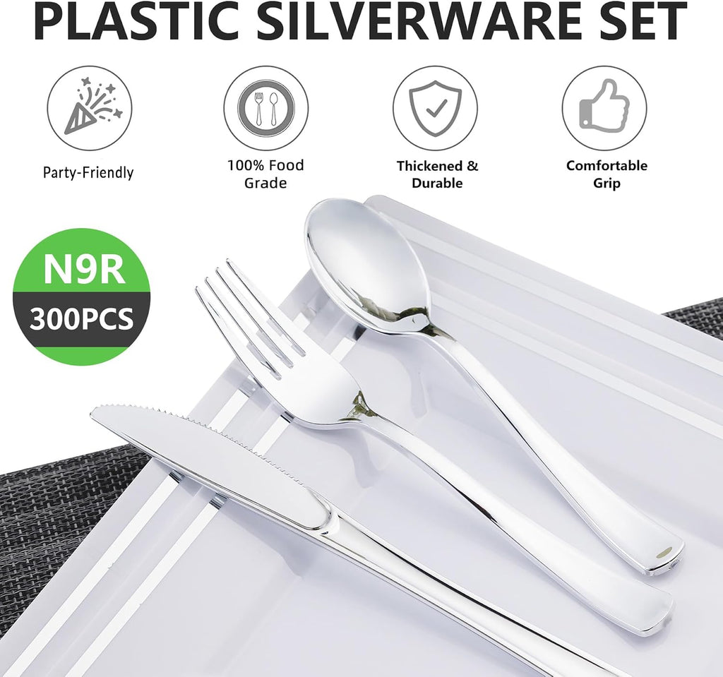 300PCS Silver Plastic Silverware, Disposable Utensils & Cutlery