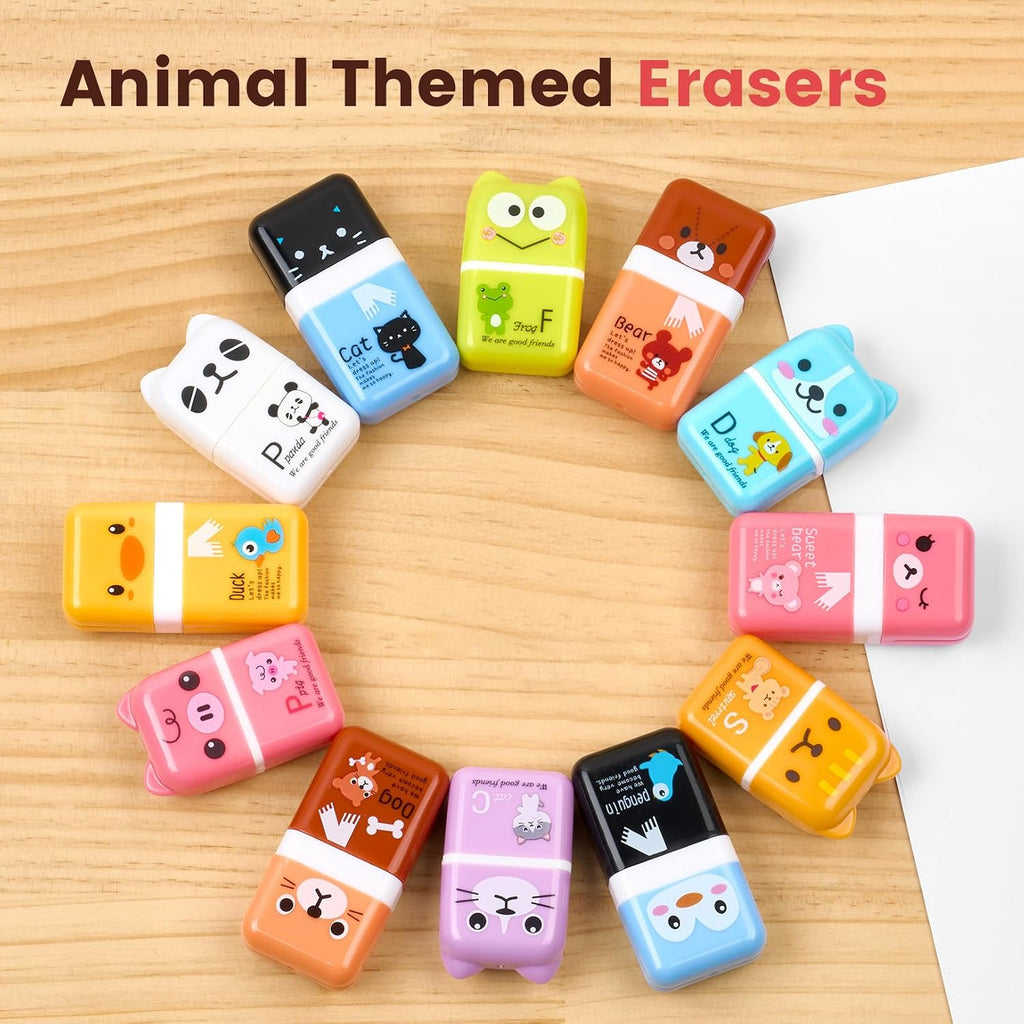 12 Pack Pencil Erasers, Cute Erasers Pencil Eraser with Clean up Roller Pencil Eraser Shaving Roller Case Erasers for