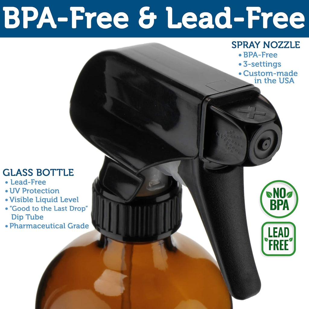 Empty Amber Glass Spray Bottles - 2 Pack - Large 16oz Refillable Bottle for is Great for Essential Oils, Plants
