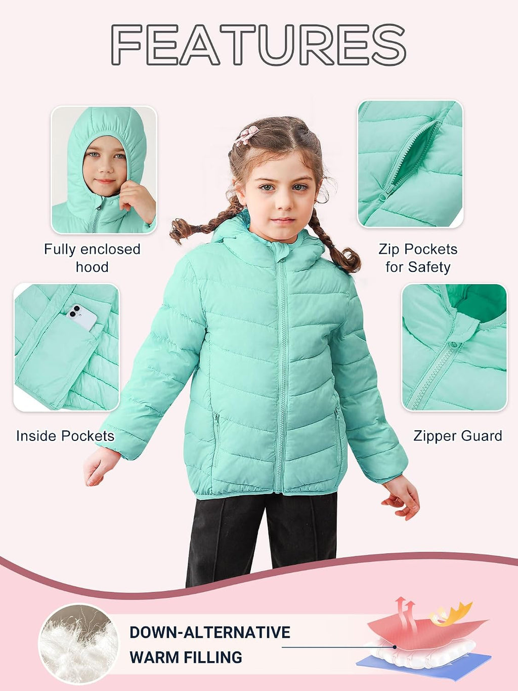 4-12 Years Girls Winter Coats Packable Lightweight Hooded Puffer Jackets with Pocket