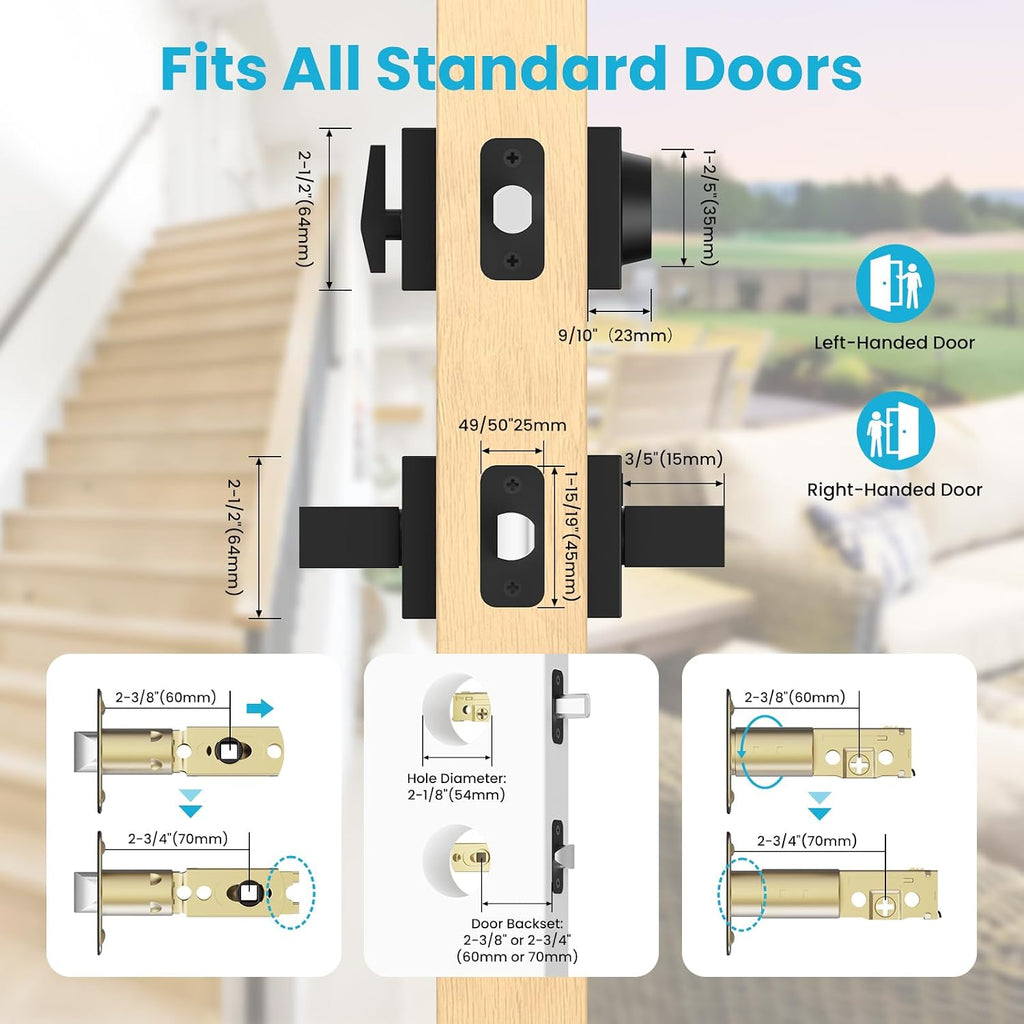 Exterior Door Lock Sets, Matte Black Passage Door Handle and Single Cylinder Deadbolt Lock Combo, Modern Square Door