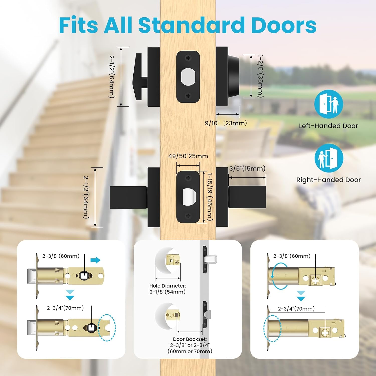 Exterior Door Lock Sets, Matte Black Passage Door Handle and Single Cylinder Deadbolt Lock Combo, Modern Square Door