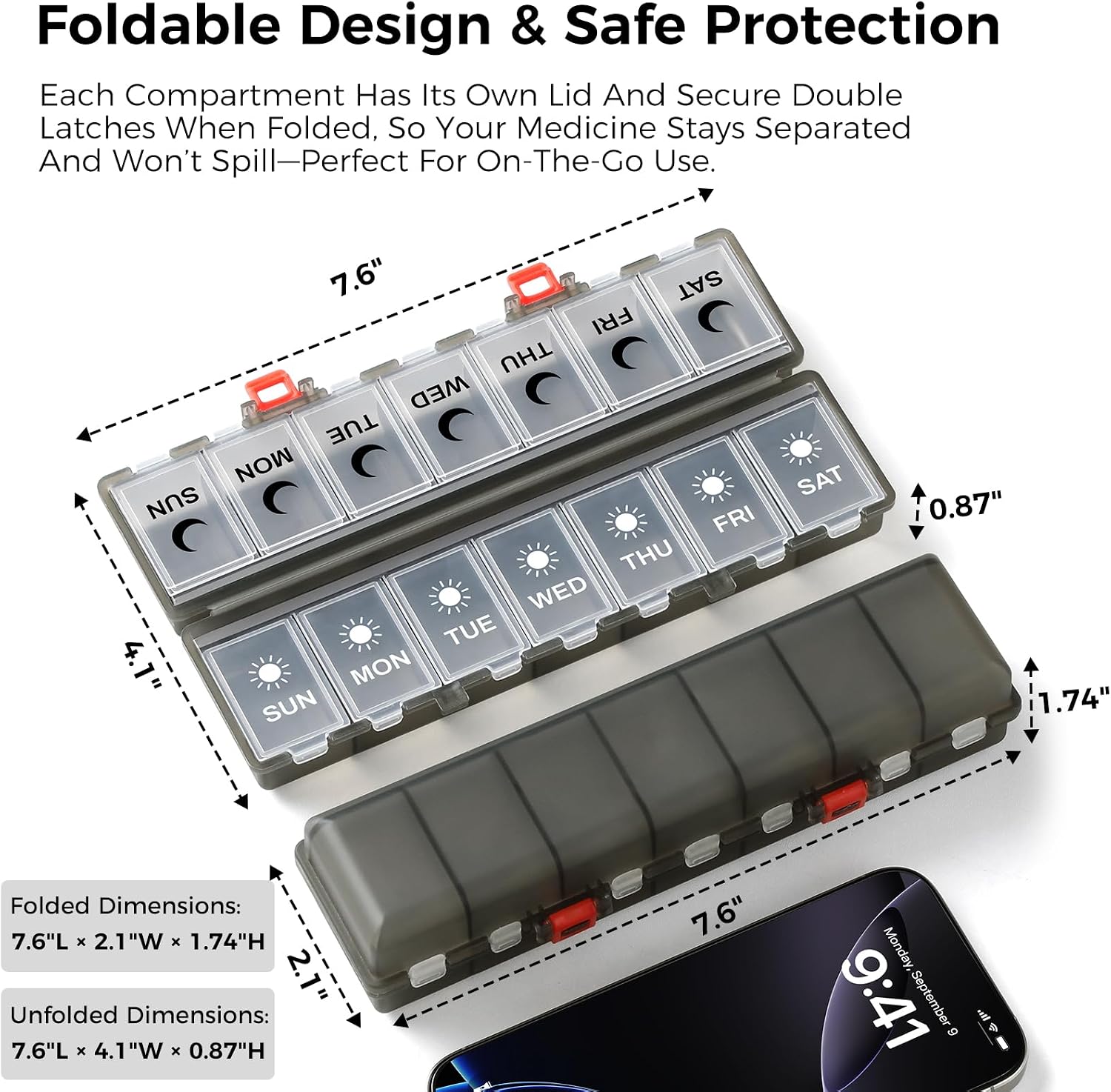 Foldable Pill Organizer Weekly 2 Times a Day, 7 Day Portable AM PM Travel Pill Case with Black&White Labels