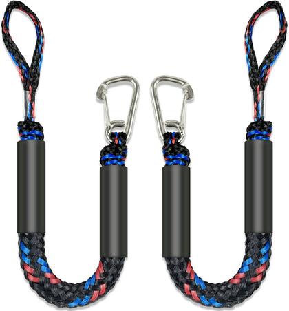 Fender Lines Anchor Bungee 316 Stainless Clip Boat Dock Lines 2PCS (Black Blue Red, 2 Feet)