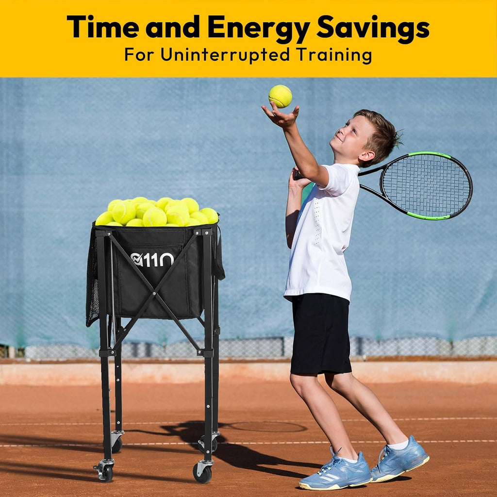 Pickleball & Tennis Ball Hopper with Wheels, Foldable Cart