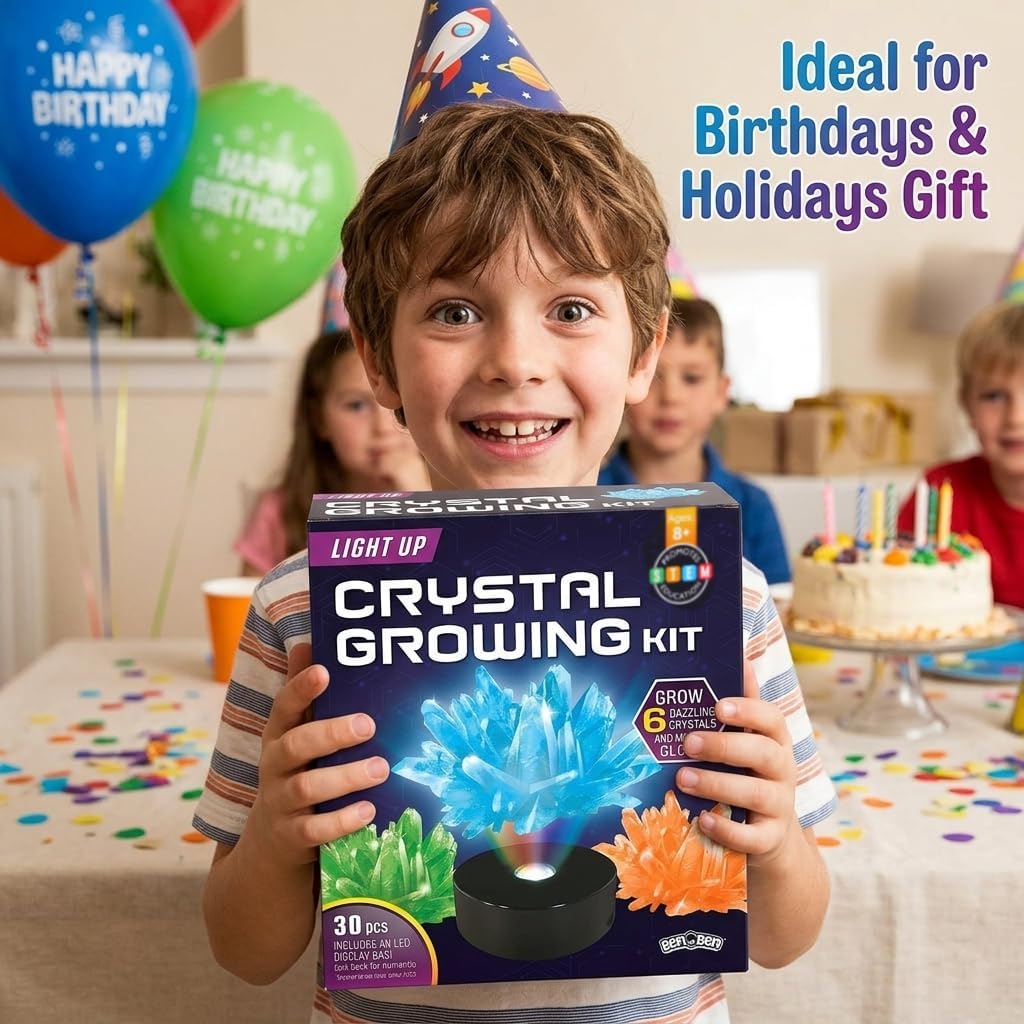 Light Up Crystal Growing Kit for Kids - Grow 6 Vibrant Crystals | STEM Science Experiments DIY Kit with LED Display