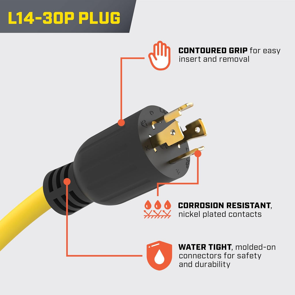 25-Foot 30-Amp 250-Volt Generator Power Cord for Manual Transfer Switch (L14-30P to L14-30R)