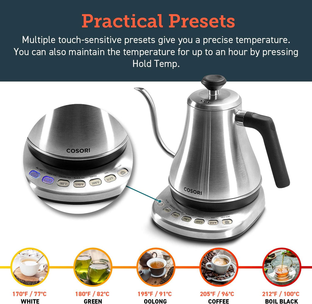 Gooseneck Electric Kettle with Temperature Control, 0.8L, Silver | No Plastic Contact with Water, 5 Presets, 60-Min