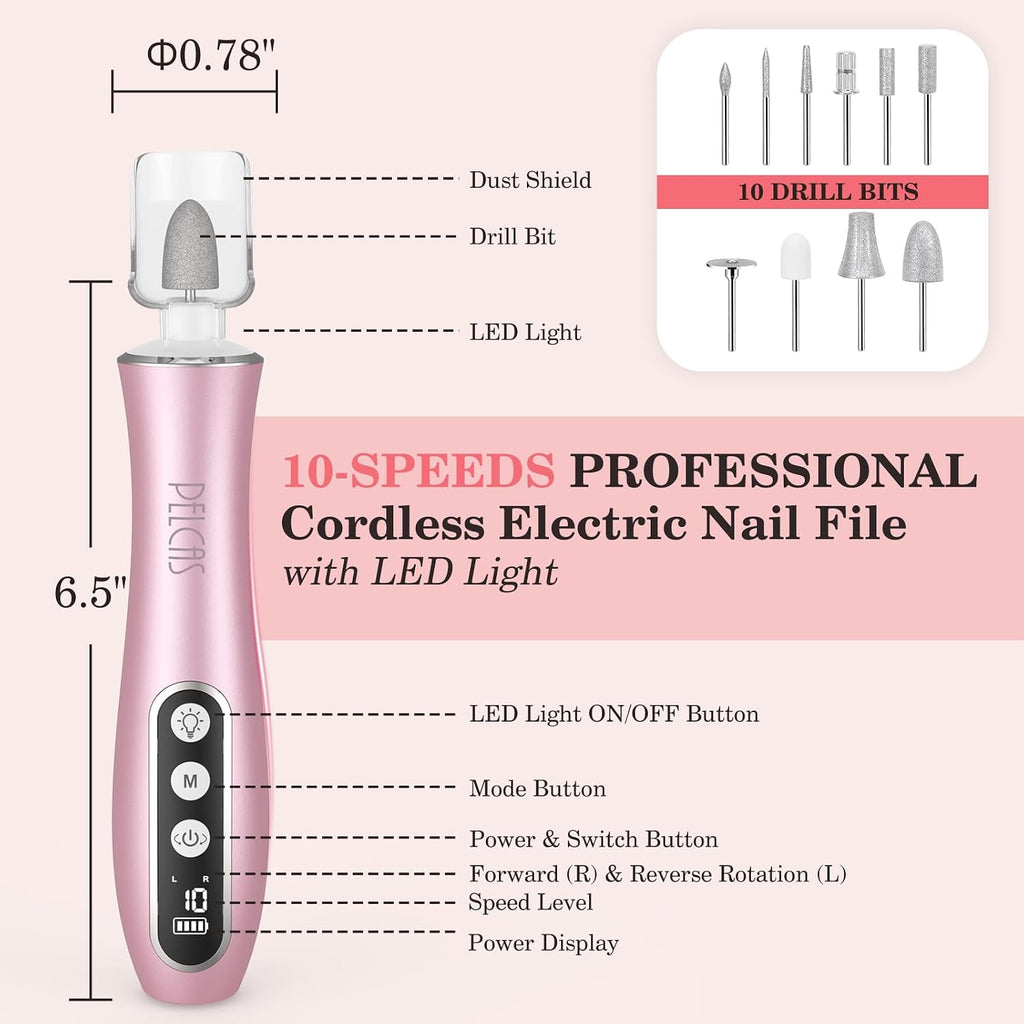 Electric Nail File, 10 Speeds Cordless Nail Drill Kit with LED Light