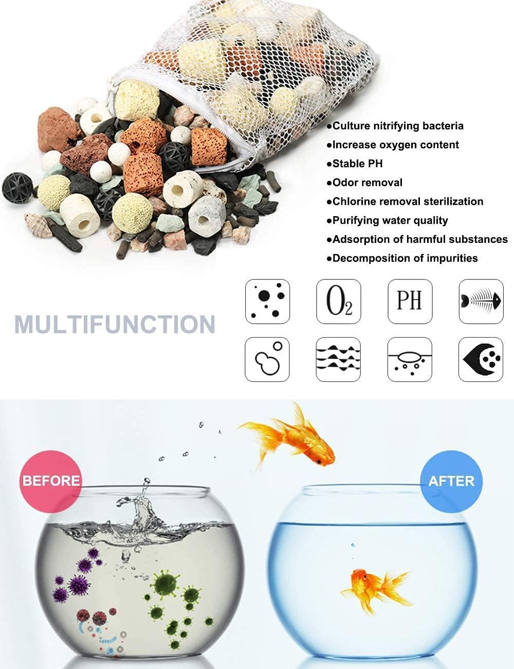 Bio Balls Ceramic Rings Set, Aquarium Biological Filter Media with Mesh Bag for Fish Tank and Pond, Fish Tank Filter