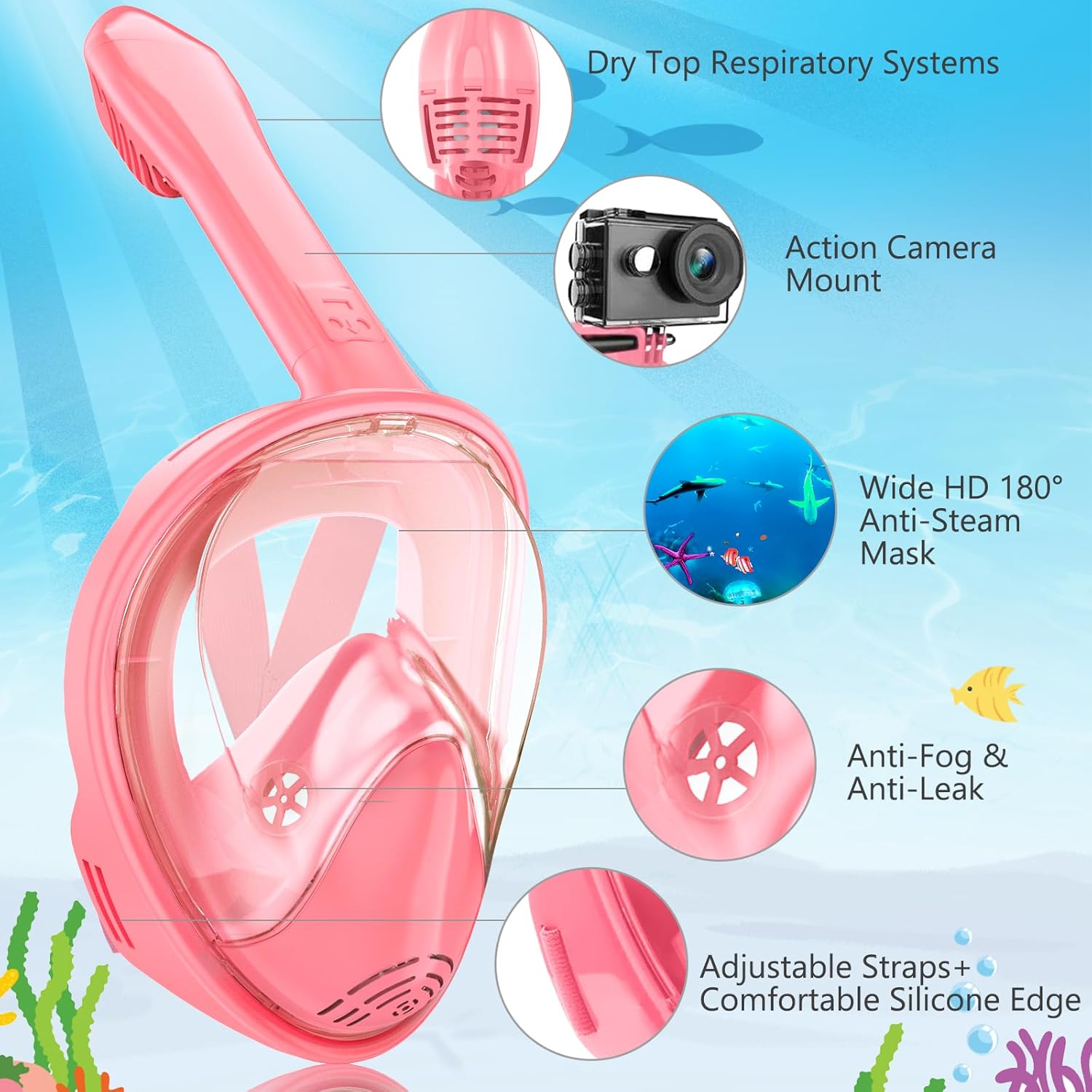 Kids Snorkel Mask Full Face, Snorkeling Gear for Kids with Camera Mount, 180 Degree Panoramic View Snorkeling Set