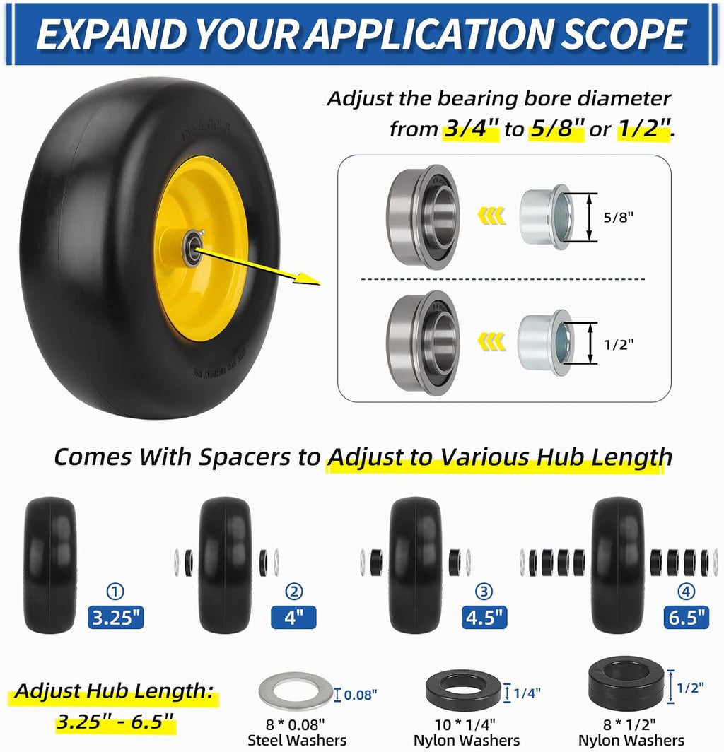 13x5.00-6 Flat Free Lawn Mower Tire and Wheel with Bearing Bore 3/4" or 5/8", 13x5-6 Smooth Tread Tire, 3.25"-5.9"
