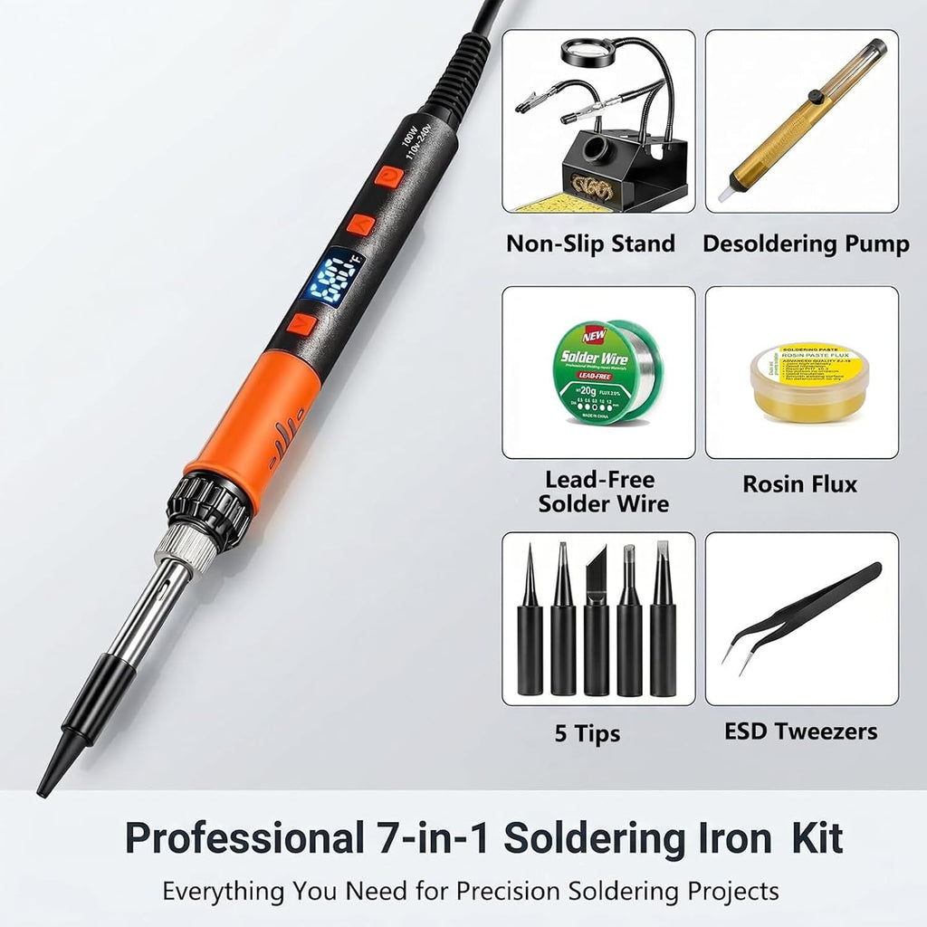 100W Soldering Iron Kit, Heavy-Duty Non-Slip Stand, 180-500°C, Auto Sleep | Helping Hands ＆ Magnifier, Fast Heating