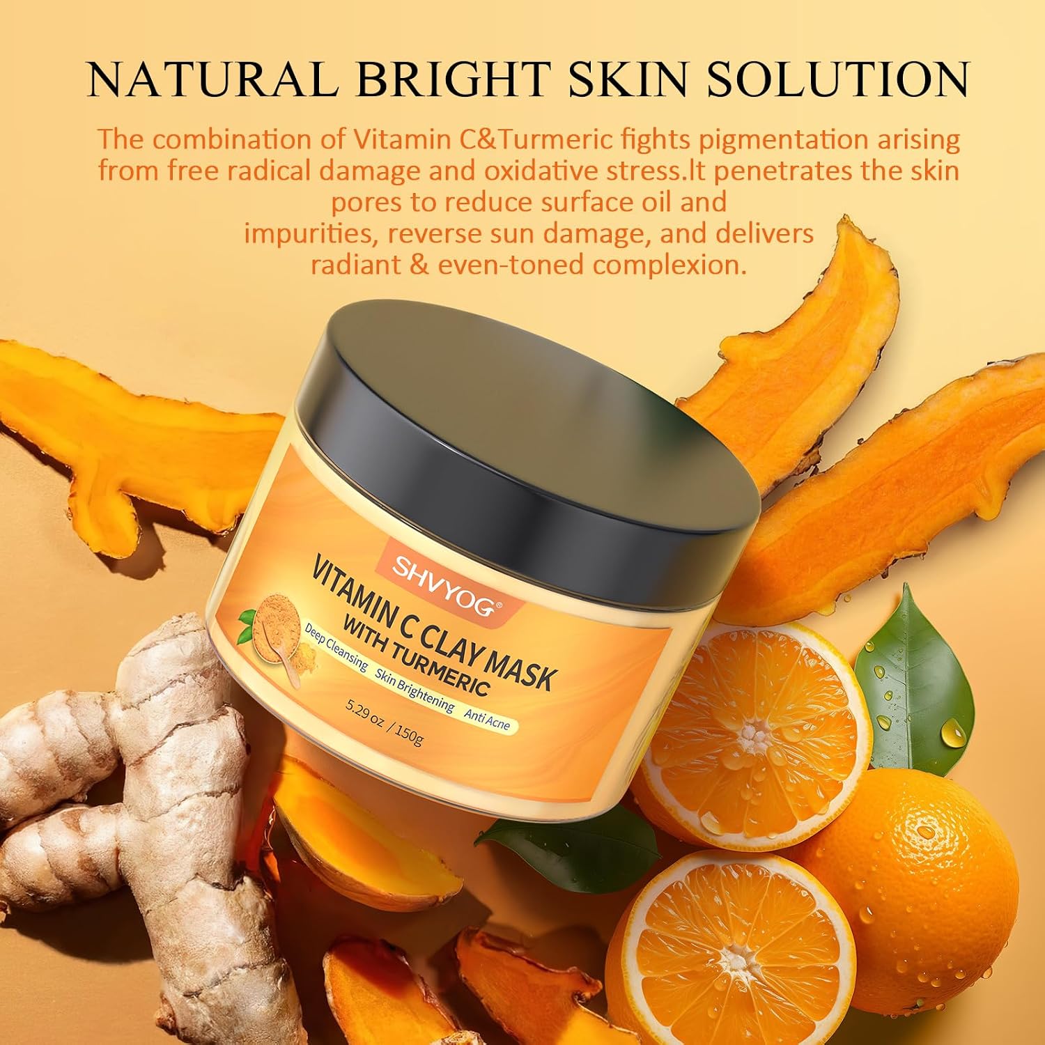 Turmeric Vitamin C Clay Mask with Kaolin Clay for Dull & Blemish-Prone Skin, Deep Cleansing Facial Mask, Face Masks