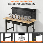 48" Adjustable Work Bench with Drawers, Workbench for Garage with Strip Light, Work Table with Large Pegboard, 2000