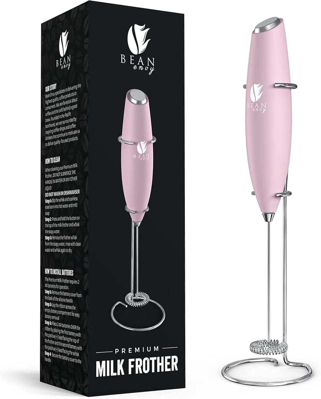 Milk Frother Handheld - Coffee Mixer Wand with Stand - Pink | Battery Operated, Stainless Steel Whisk, 19000 RPM