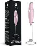 Milk Frother Handheld - Coffee Mixer Wand with Stand - Pink | Battery Operated, Stainless Steel Whisk, 19000 RPM