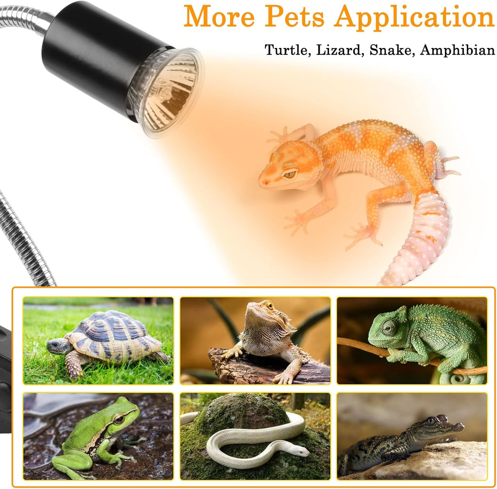 Reptile Heat Lamp with Clamp, Aquarium Turtle Tank Basking Light with 360° Rotatable Timing & Dimming and 2 Pack 50W