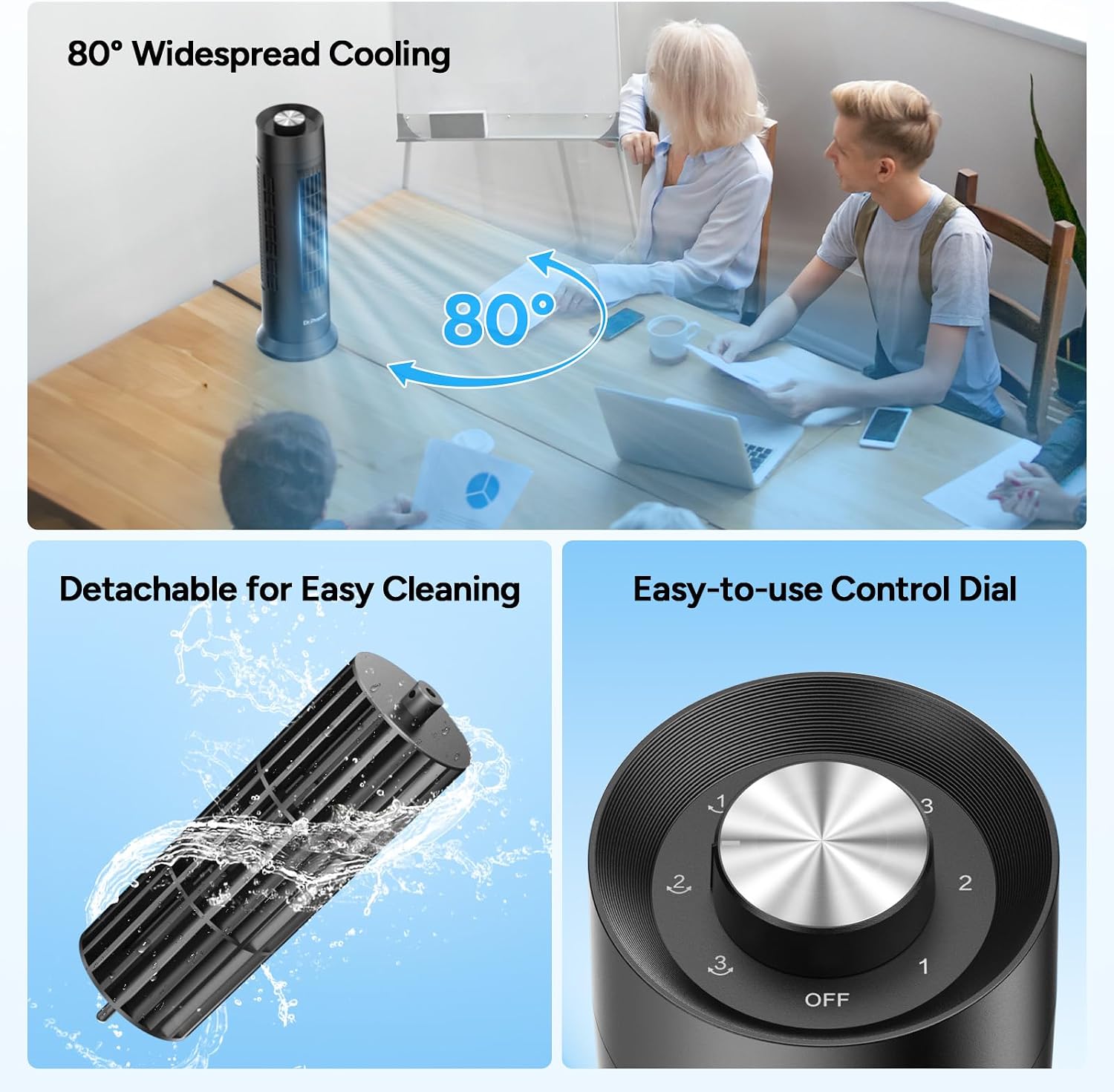 Tower Fan, 28 dB Quiet Desk Fan, 3‑Speeds, 80° Oscillation, Detachable Washable Bladeless Design, 16 Inch Portable
