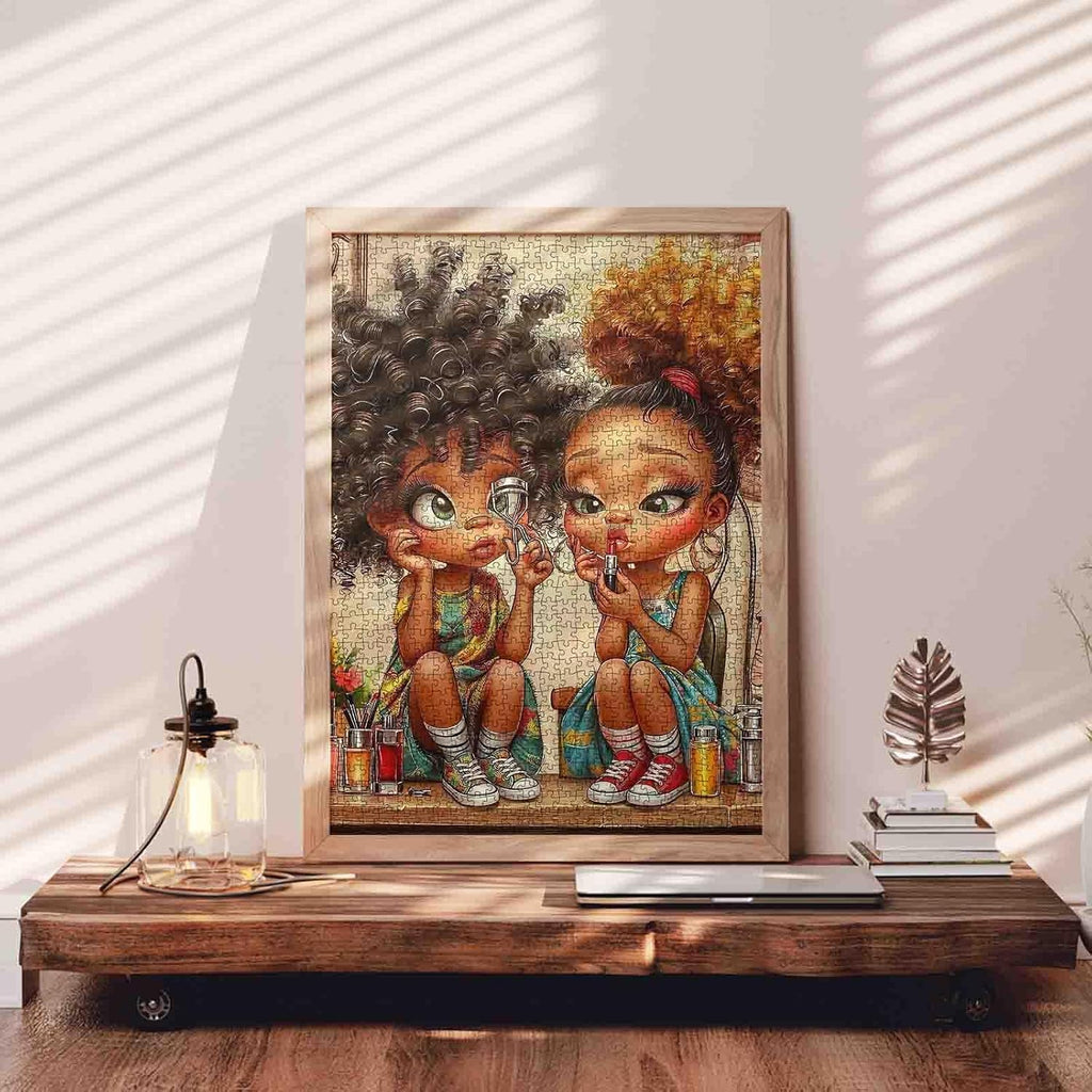 Fashion Little Girl 1000 Piece Jigsaw Puzzle for Adults Black Girl Makeup Scene Puzzle Beauty Theme Friendship