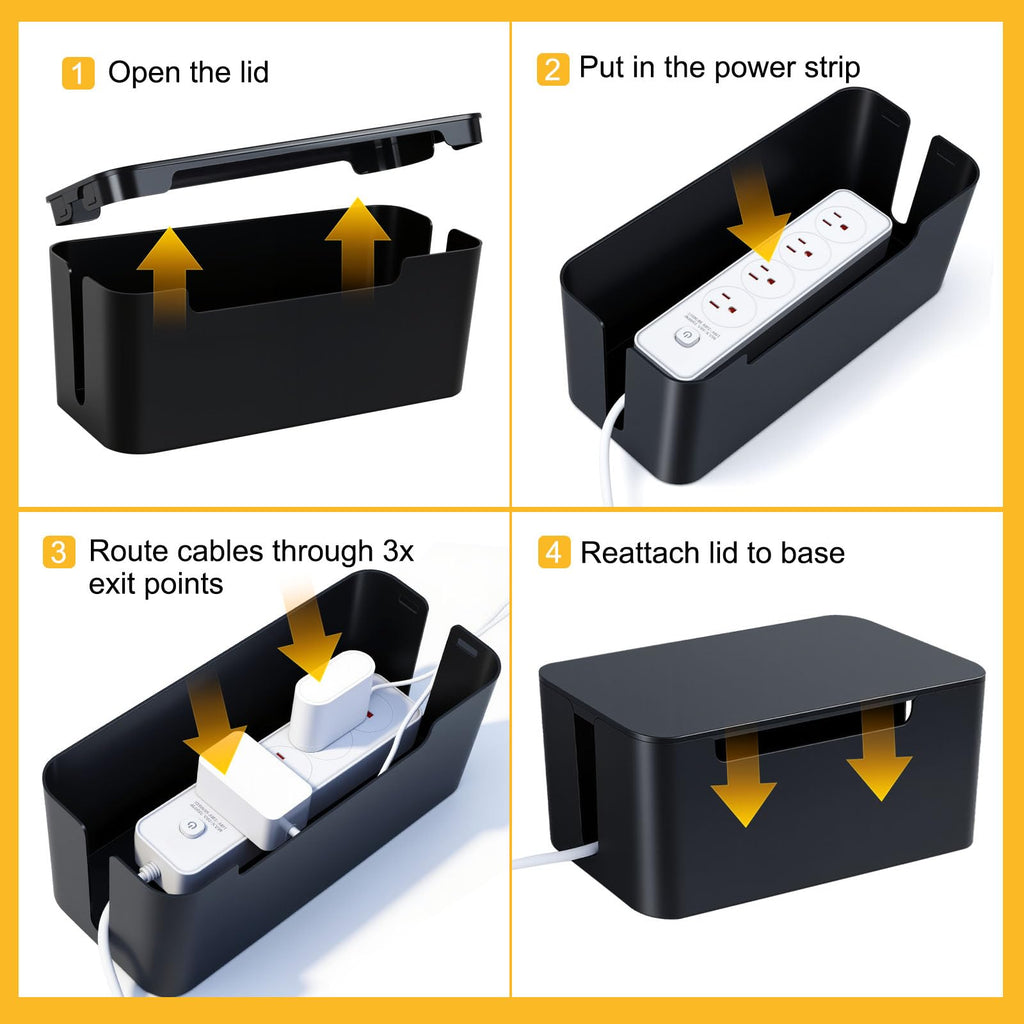Eichzer Cable Management Box with Lid, Three Entry/Exit Slots, Black