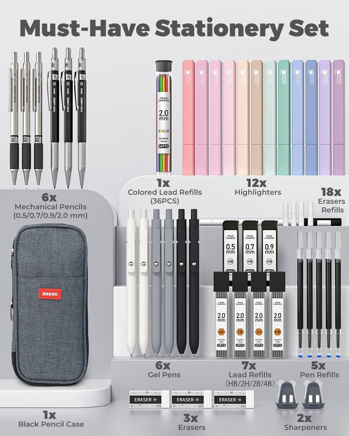 School Supplies with Pen Case, 45ct Black | Back to School Stationery Set, Essentials for College & Nursing Students