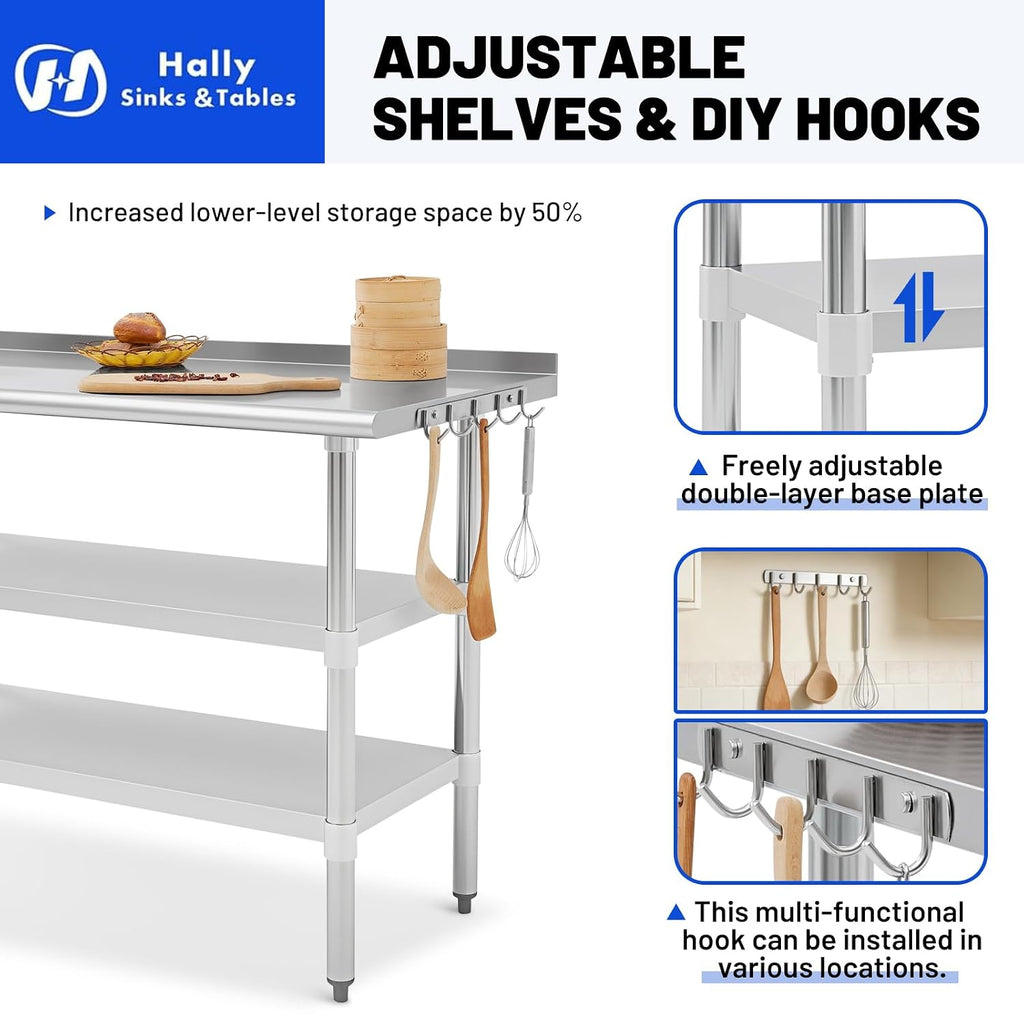 Hally 24"x48" Stainless Steel Prep Table Commercial Work Table Backsplash