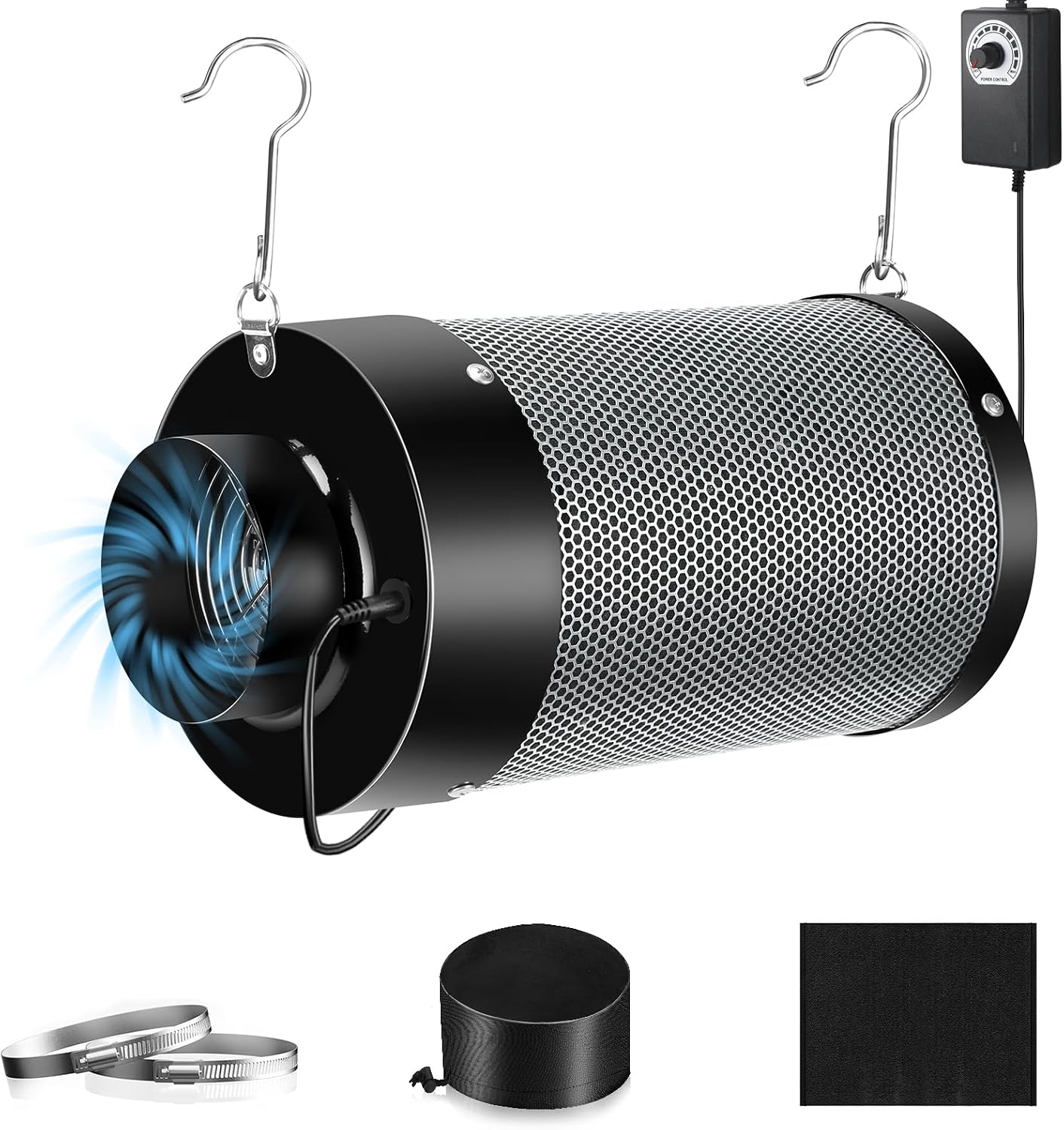 4 Inch Air Carbon Filter with Australian Virgin Charcoal – Odor Control. Built-in 5.5" Quiet Fan with Speed Control