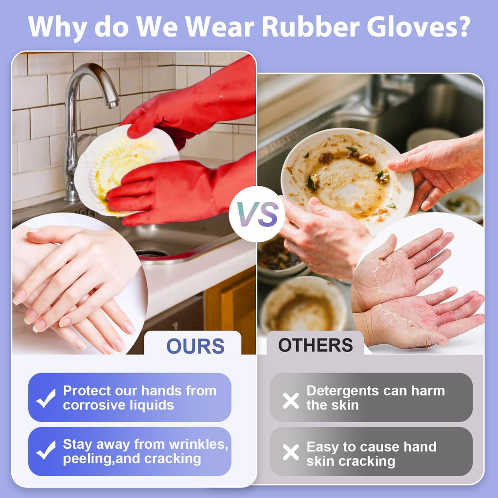 Rubber Kitchen Dishwashing Gloves - 4 Pairs Colorful Reusable Cleaning Gloves for Kitchen Washing Dishes and