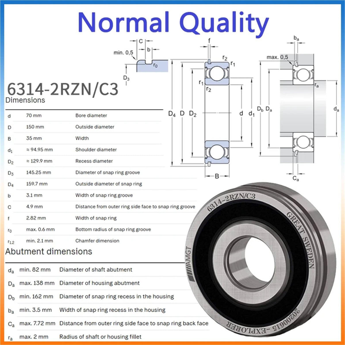 1Pcs Bearing 6314 6314-2RS 6314-2Z 6314-2ZN 6314NR 6314-2RSNR Deep Groove Ball Bearing(6314N-2RSC3)