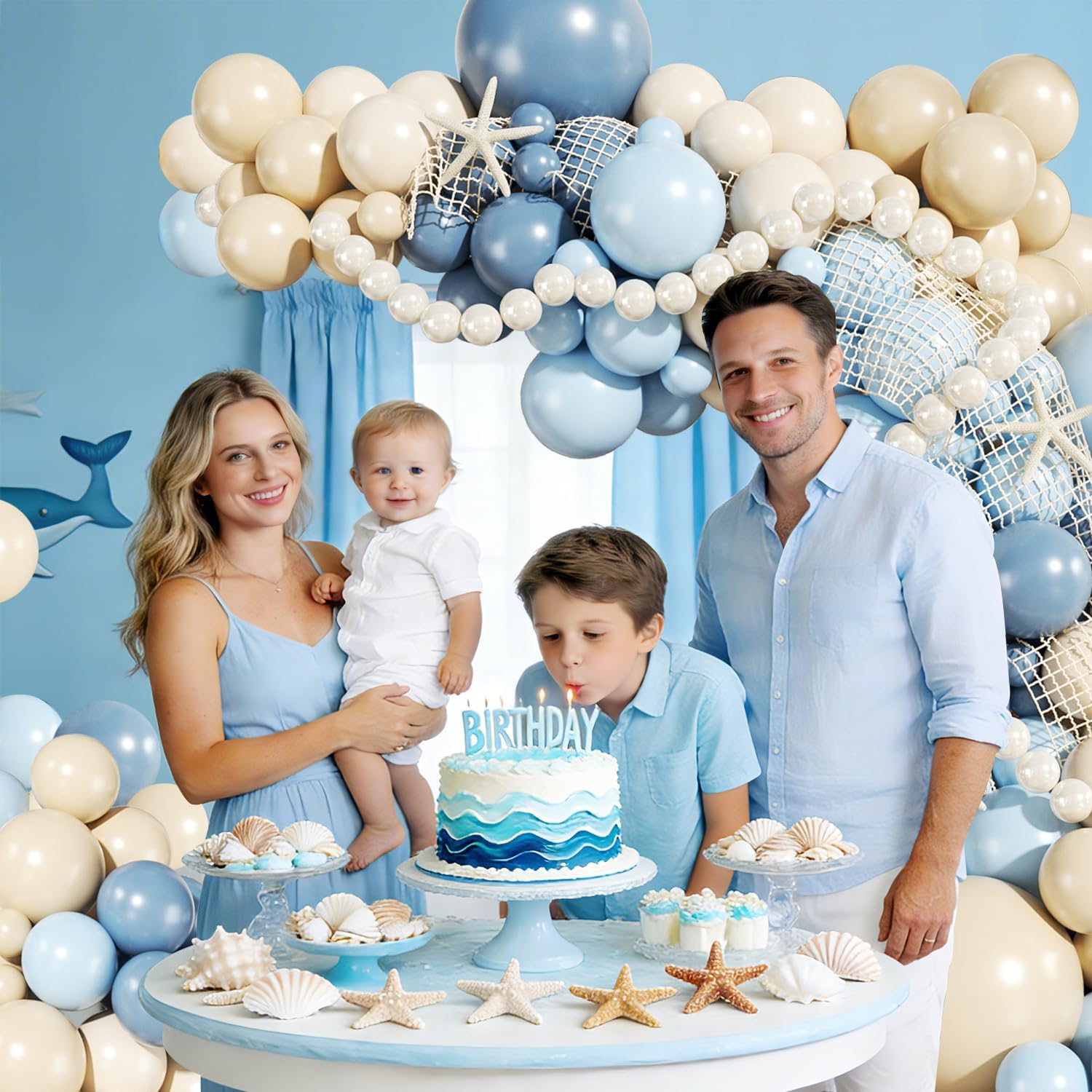 Blue Beach Balloon Arch Kit, 140Pcs Blue and White Balloon Arch Kit Including Dusty Light Blue Pearl White Sand White