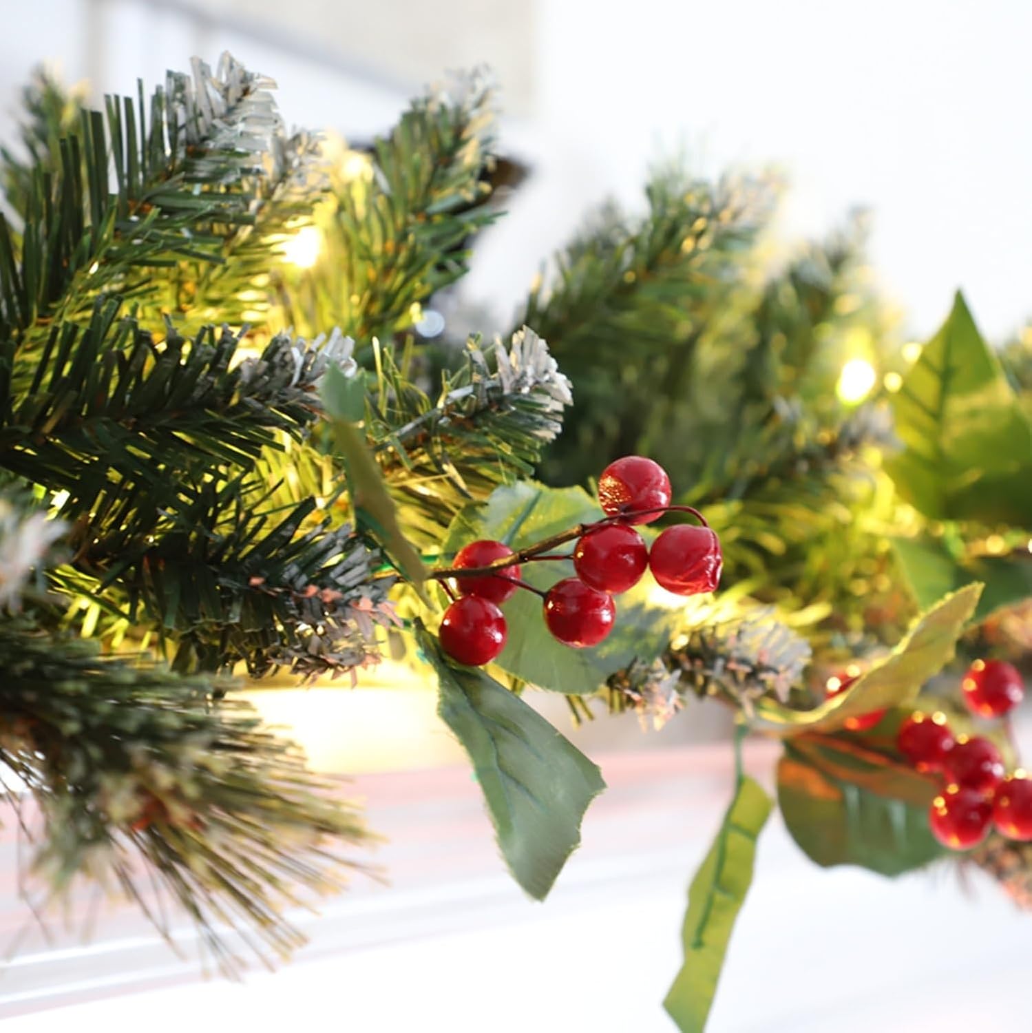 9ft Lighted Christmas Garland with Lights for Mantel | Artificial Flowering Pine Garland ,Faux Green Christmas Winter