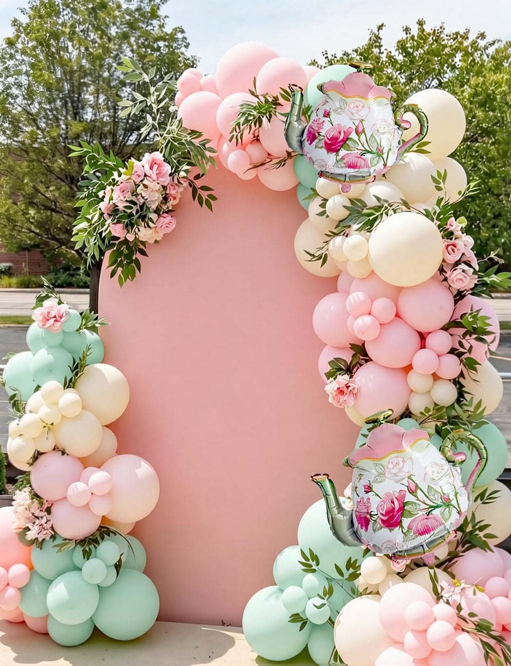 Tea Party Balloon Garland Arch Kit, 144Pcs Pastel Pink Green Yellow Balloons with Large Teapot Foil Balloons, Vintage