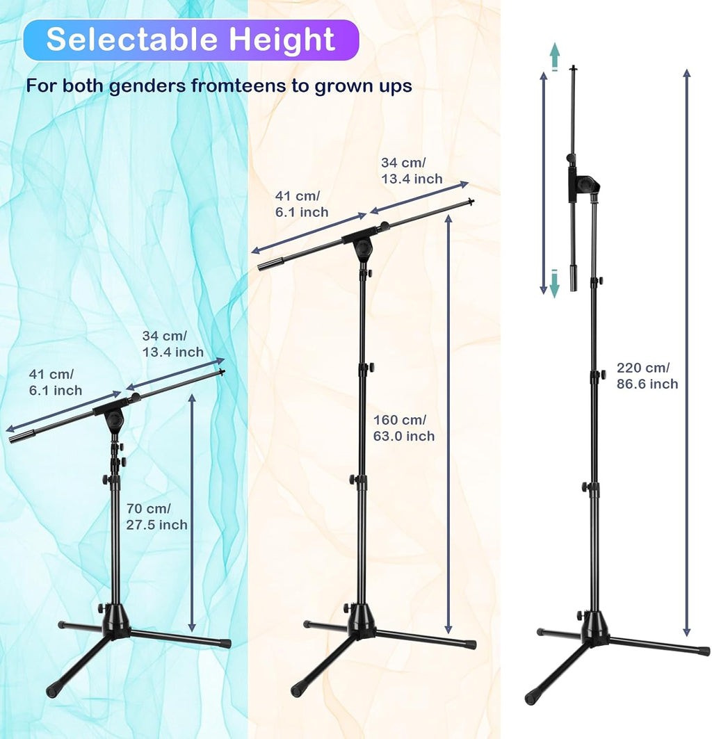 Microphone Stand Floor Foldable Mic Stand Heavy Duty Tripod Boom Arm with 2 Screws Adapter 2 Mic Clips 2 Foam Covers