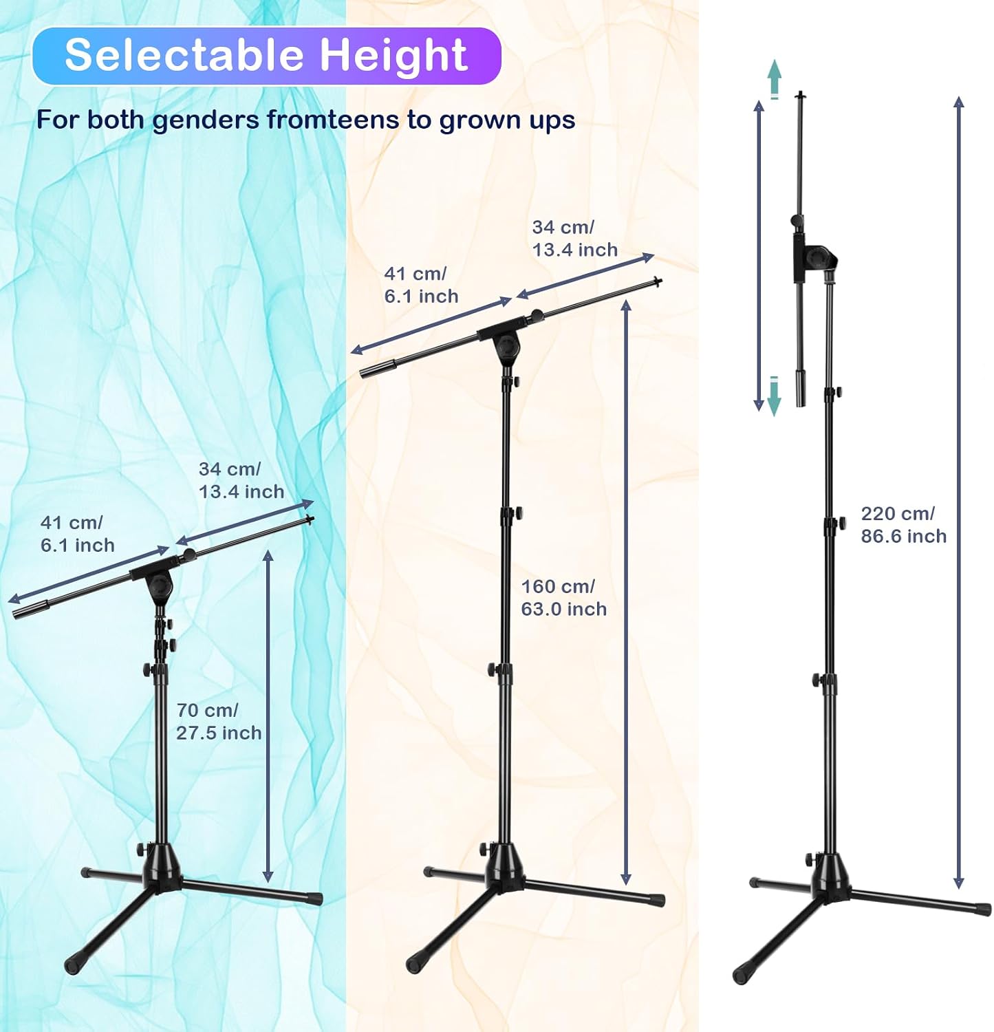 Microphone Stand Floor Foldable Mic Stand Heavy Duty Tripod Boom Arm with 2 Screws Adapter 2 Mic Clips 2 Foam Covers