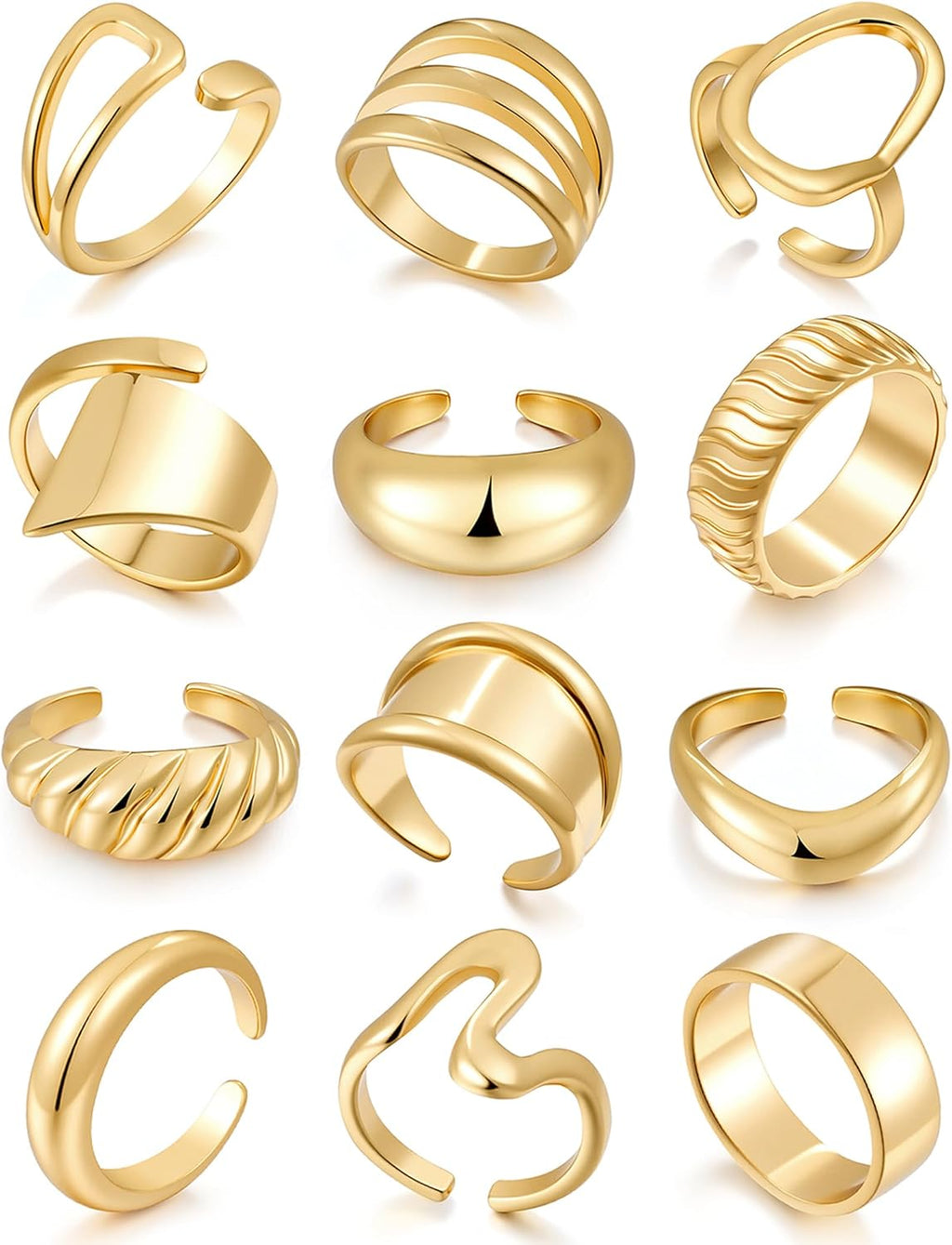 Chunky Gold Stackable Rings for Women Non Tarnish, 18K Gold-Plated Statement Open Stacking Rings, Knuckle Band Ring Set