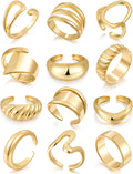 Chunky Gold Stackable Rings for Women Non Tarnish, 18K Gold-Plated Statement Open Stacking Rings, Knuckle Band Ring Set