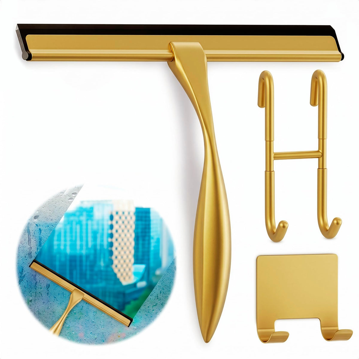 10" Shower Squeegee for Glass Doors & Windows with 2 Hooks, Gold
