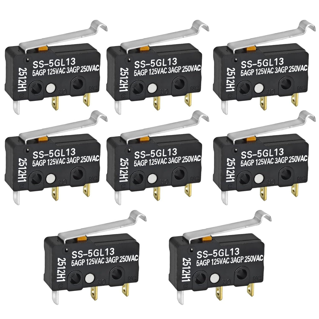SS-5GL13 Miniature Micro Switch (Pack of 8) - 5A 125VAC 3 Pins Micro Limit Switch with Curved Tip Lever