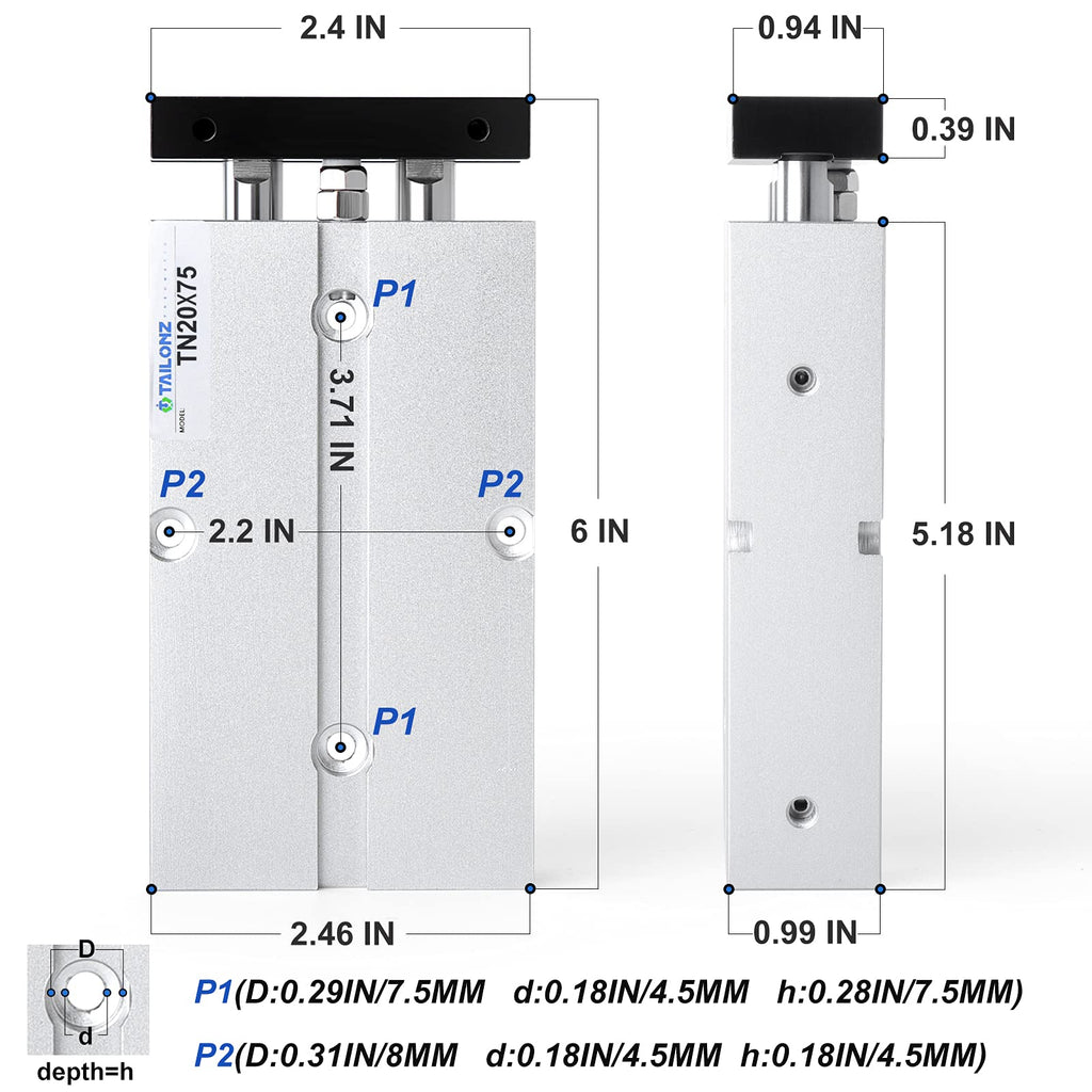 TAILONZ TN20-75 20mm x 75mm Double-Rod Cylinder