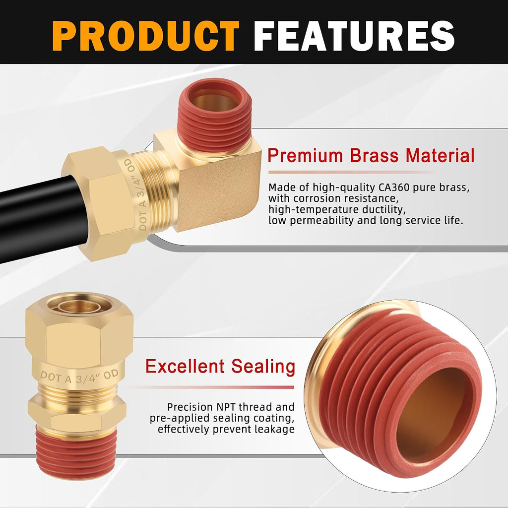 5PCS DOT Brass Compression 3/8" Tube x 3/8" NPT 90 Degree Elbow